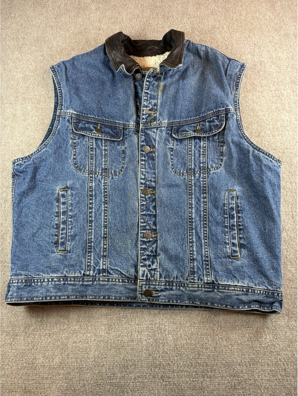 Gap Denim Sherpa-Lined Blue Jean Vest w/Genuine Leather Collar Size Large